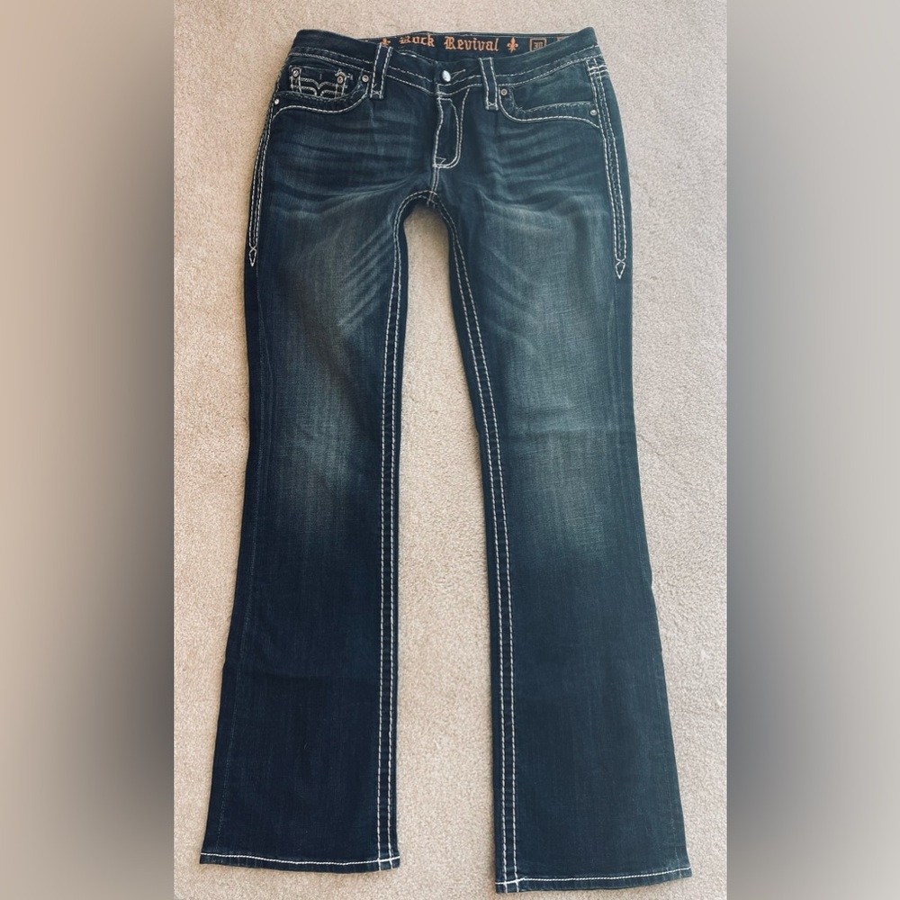 LONG ROCK REVIVAL DARK FLAP EMBELLISHED POCKETS BOOT JEANS TAG 30 MEASURED 34X35